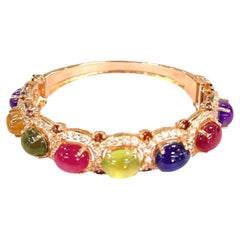 Bochic “Capri” Red Ruby & Multi Color Sapphires Bangle Set In 18K Gold & Silver 