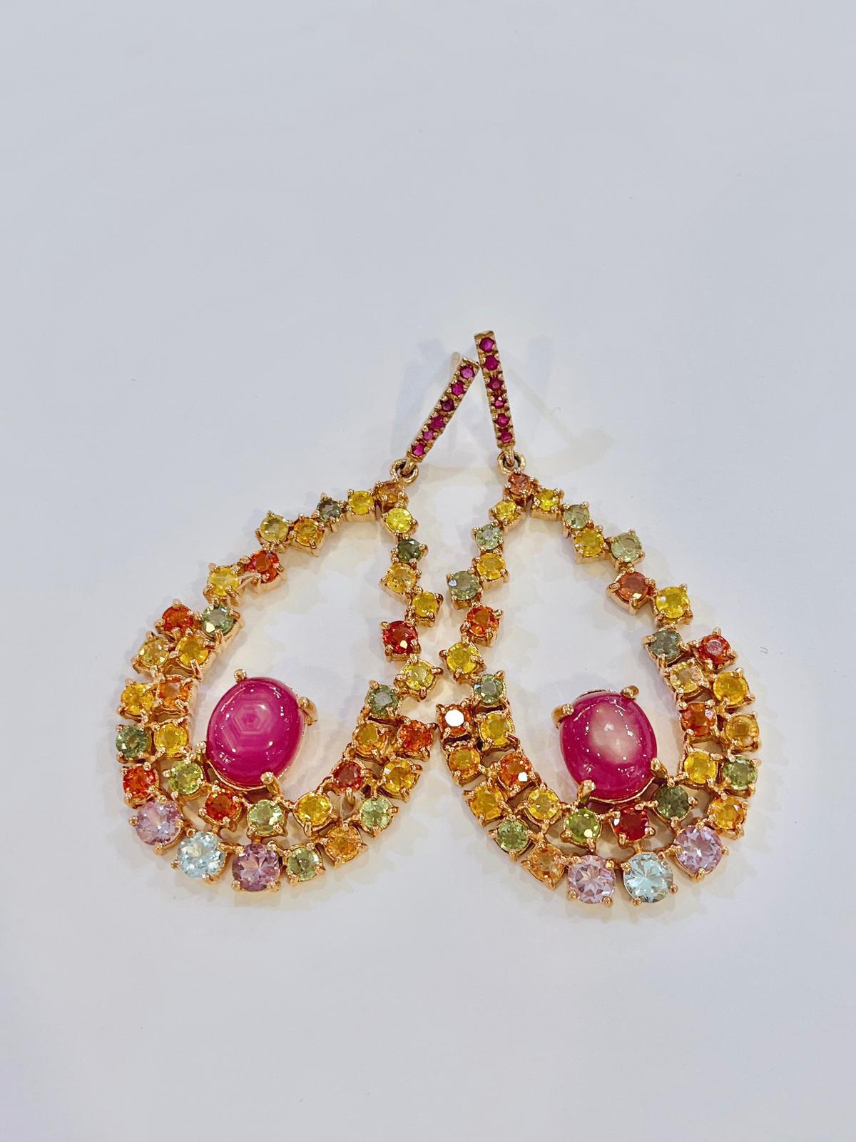 Bochic “Capri” Red Ruby & Multi Fancy Sapphire Earrings Set in 22k Gold & Silver For Sale 9
