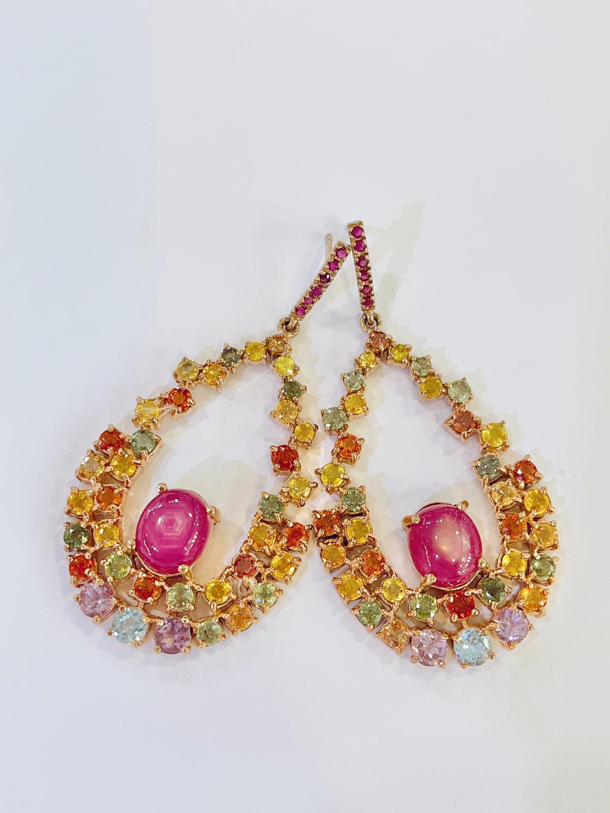 Bochic “Capri” Red Ruby & Multi Fancy Sapphire Earrings Set in 22k Gold & Silver For Sale 10