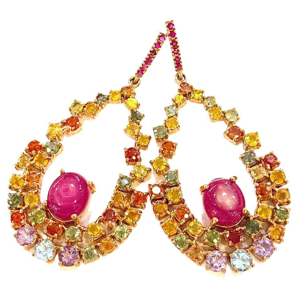 Bochic “Capri” Red Ruby & Multi Fancy Sapphire Earrings Set in 22k Gold & Silver For Sale