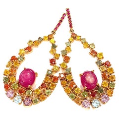 Bochic “Capri” Red Ruby & Multi Fancy Sapphire Earrings Set in 22k Gold & Silver