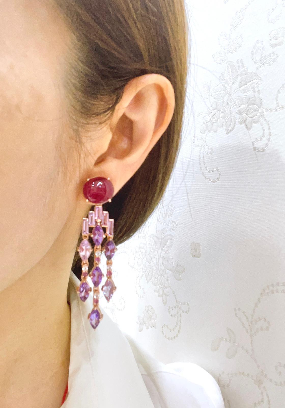 Belle Époque Bochic “Capri” Red Ruby & Purple Amethyst Earrings Set in 22k Gold & Silver  For Sale