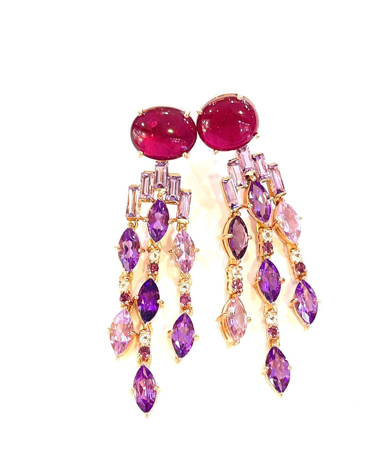 Cabochon Bochic “Capri” Red Ruby & Purple Amethyst Earrings Set in 22k Gold & Silver  For Sale