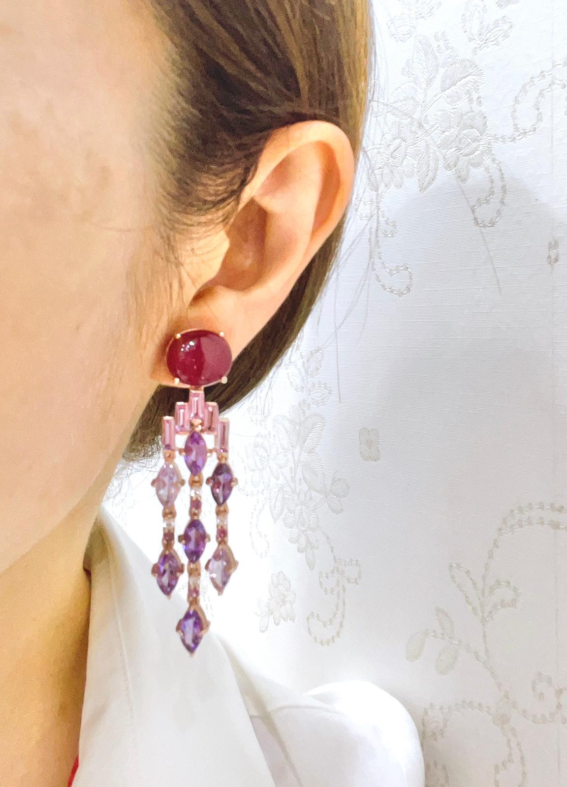 Bochic “Capri” Red Ruby & Purple Amethyst Earrings Set in 22k Gold & Silver  In New Condition For Sale In New York, NY