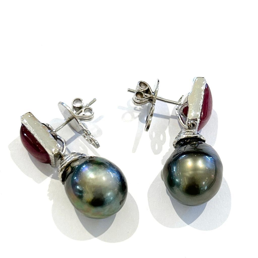 Baroque Bochic “Capri” Red Ruby & Tahiti Pearl Earrings Set In 18K Gold & Silver For Sale