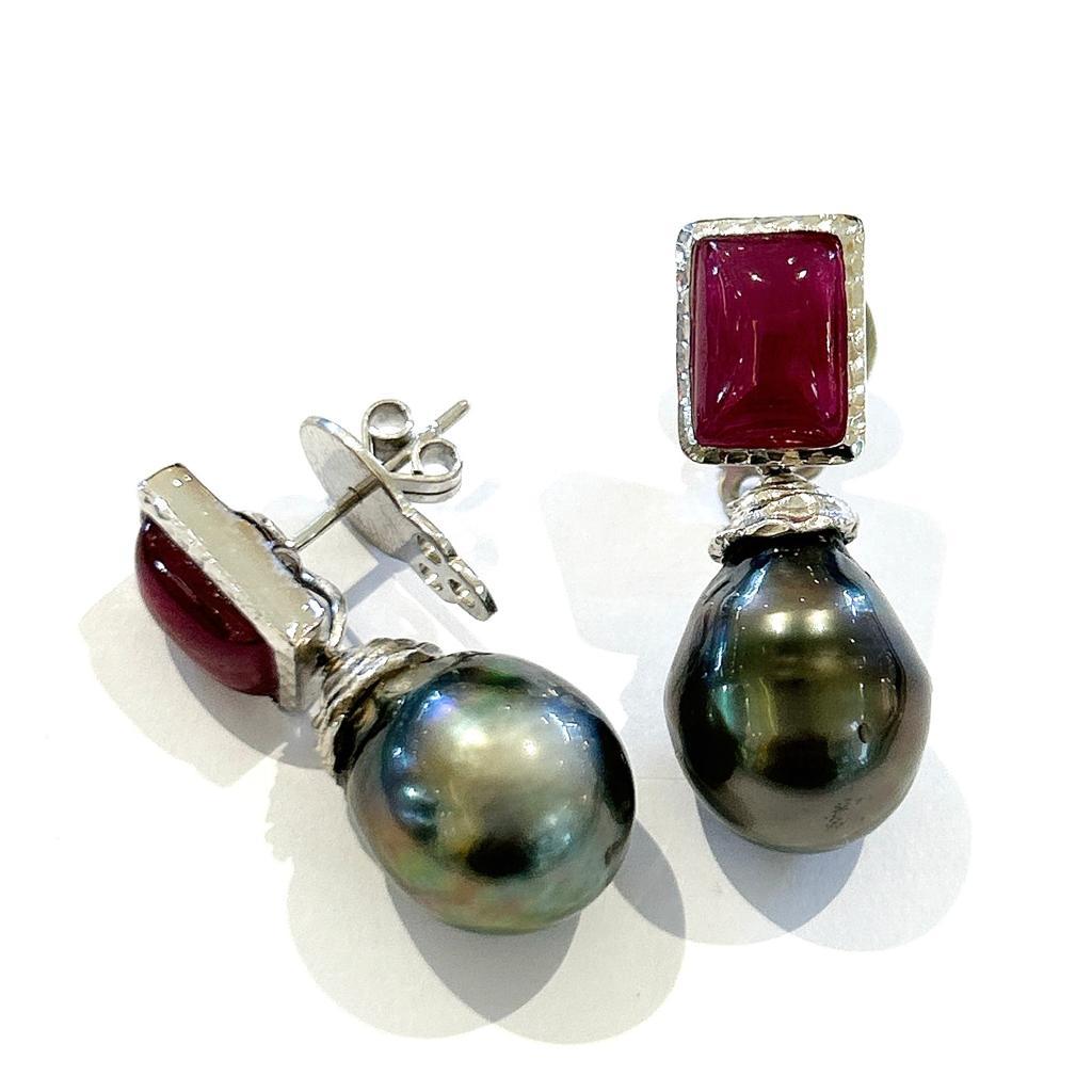Cabochon Bochic “Capri” Red Ruby & Tahiti Pearl Earrings Set In 18K Gold & Silver For Sale