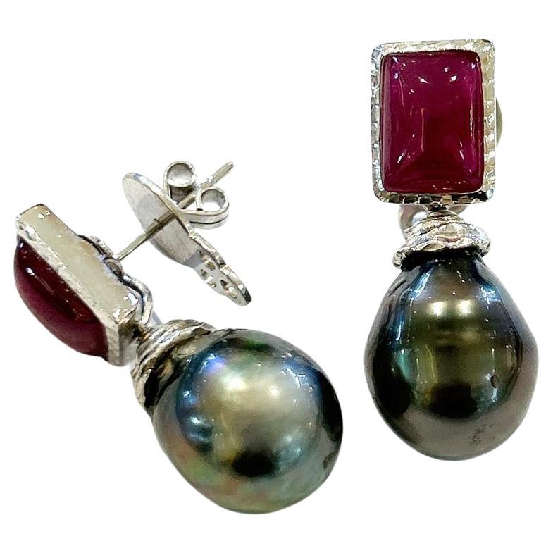 Bochic “Capri” Red Ruby & Tahiti Pearl Earrings Set In 18K Gold & Silver