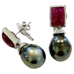 Used Bochic “Capri” Red Ruby & Tahiti Pearl Earrings Set In 18K Gold & Silver