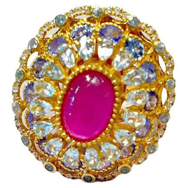Bochic Capri-Cocktailring mit rotem Rubin, Tansanit, blauem und weißem Topas (Belle Époque) im Angebot