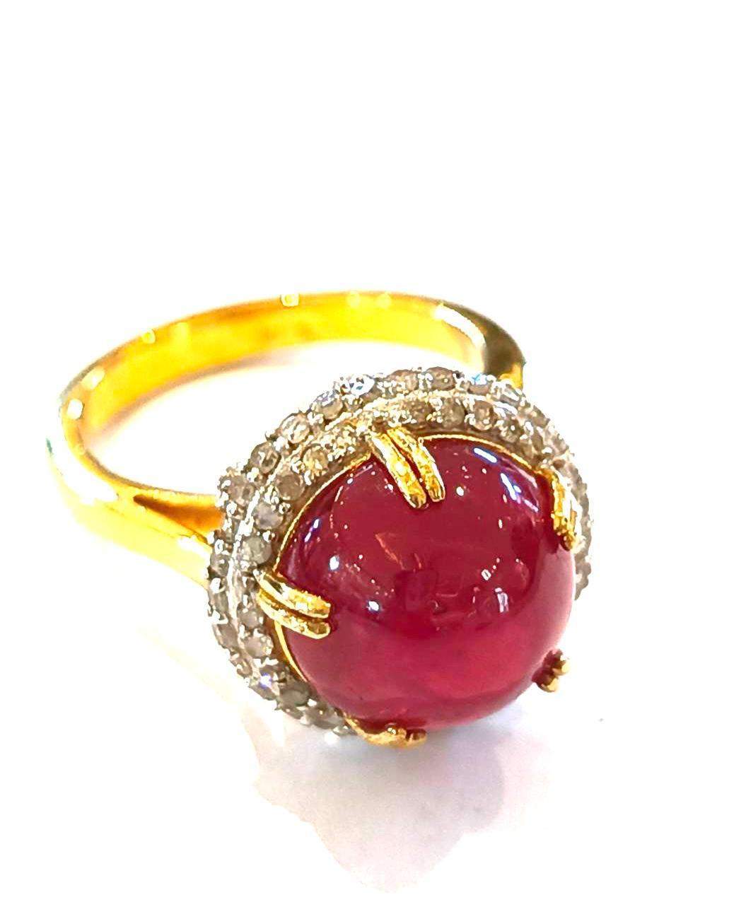 Cabochon Bochic “Capri” Red Ruby & Diamond Cocktail Ring Set In 18K Gold & Silver  For Sale