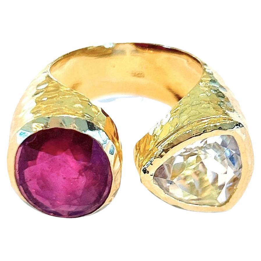 Bochic “Capri” Red Ruby & White Topaz Cocktail Ring Set In 22K Gold & Silver 
Multi natural gem Ring 
Beautiful Natural Red Ruby  - 4 carats
Natural White Topaz - 4 carats 
This Rings is perfect to wear - Day to night, swim wear to evening