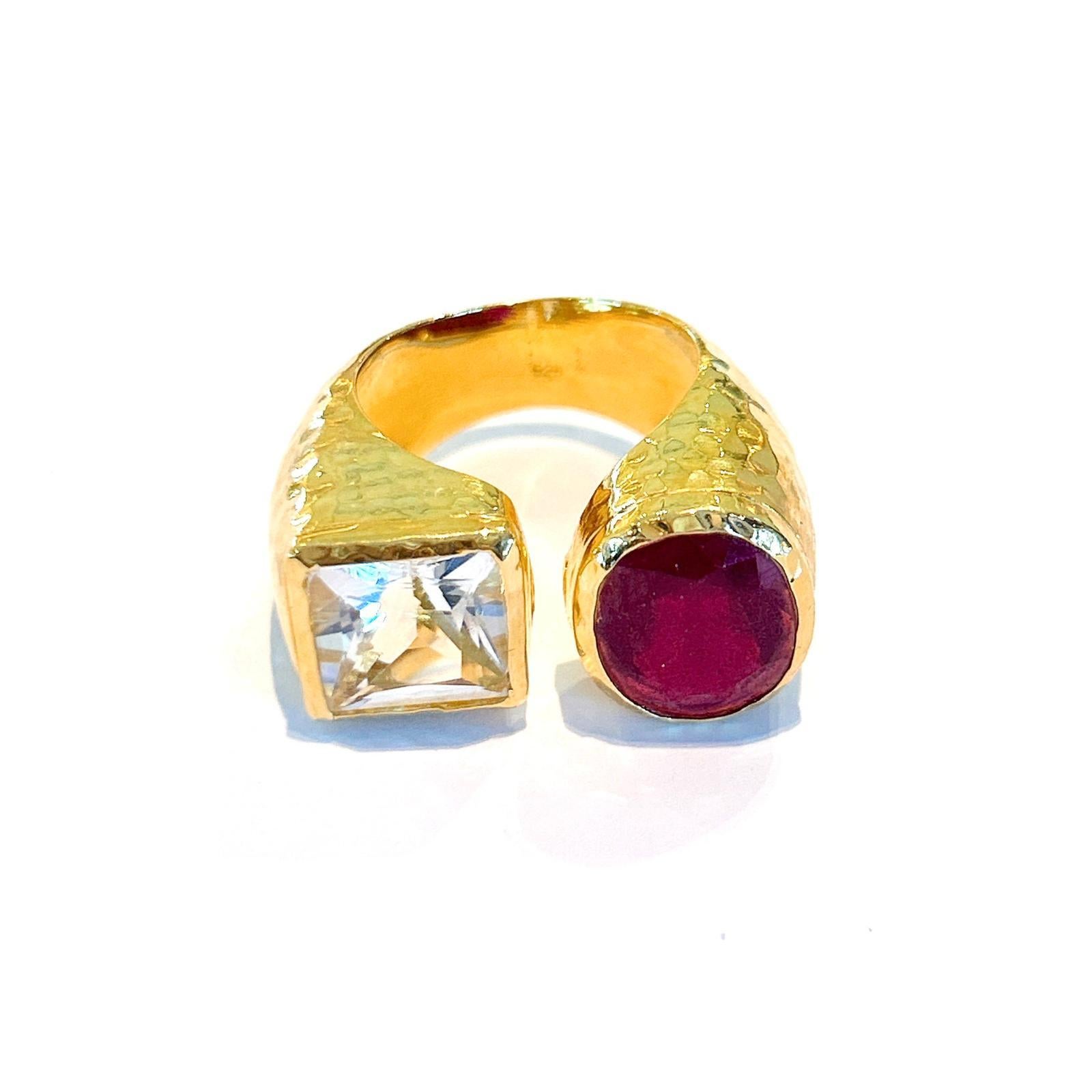 Brilliant Cut Bochic “Capri” Red Ruby & White Topaz Cocktail Ring Set in 22k Gold & Silver