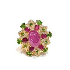Bochic “Capri” Retro Red Ruby & Green Peridot Ring Set In 18K Gold & Silver