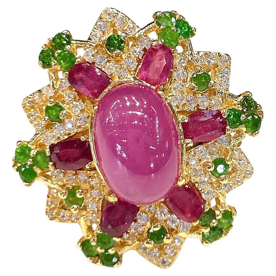 Anillo Bochic "Capri" Retro de rubí rojo y peridoto verde en oro de 18 quilates y plata