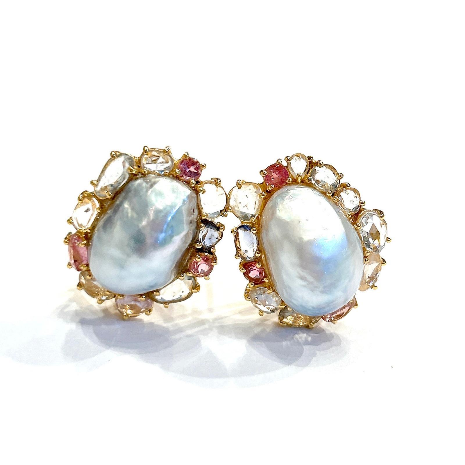 Bochic “Capri” Rose Cut Multi Color Sapphire & Pearl Earrings 18K Gold & Silver 

Natural Multi Color Rose Cut Sapphires 
3 carats 
Baroque South Sea white Pearls with Pink Tone 

The earrings from the 