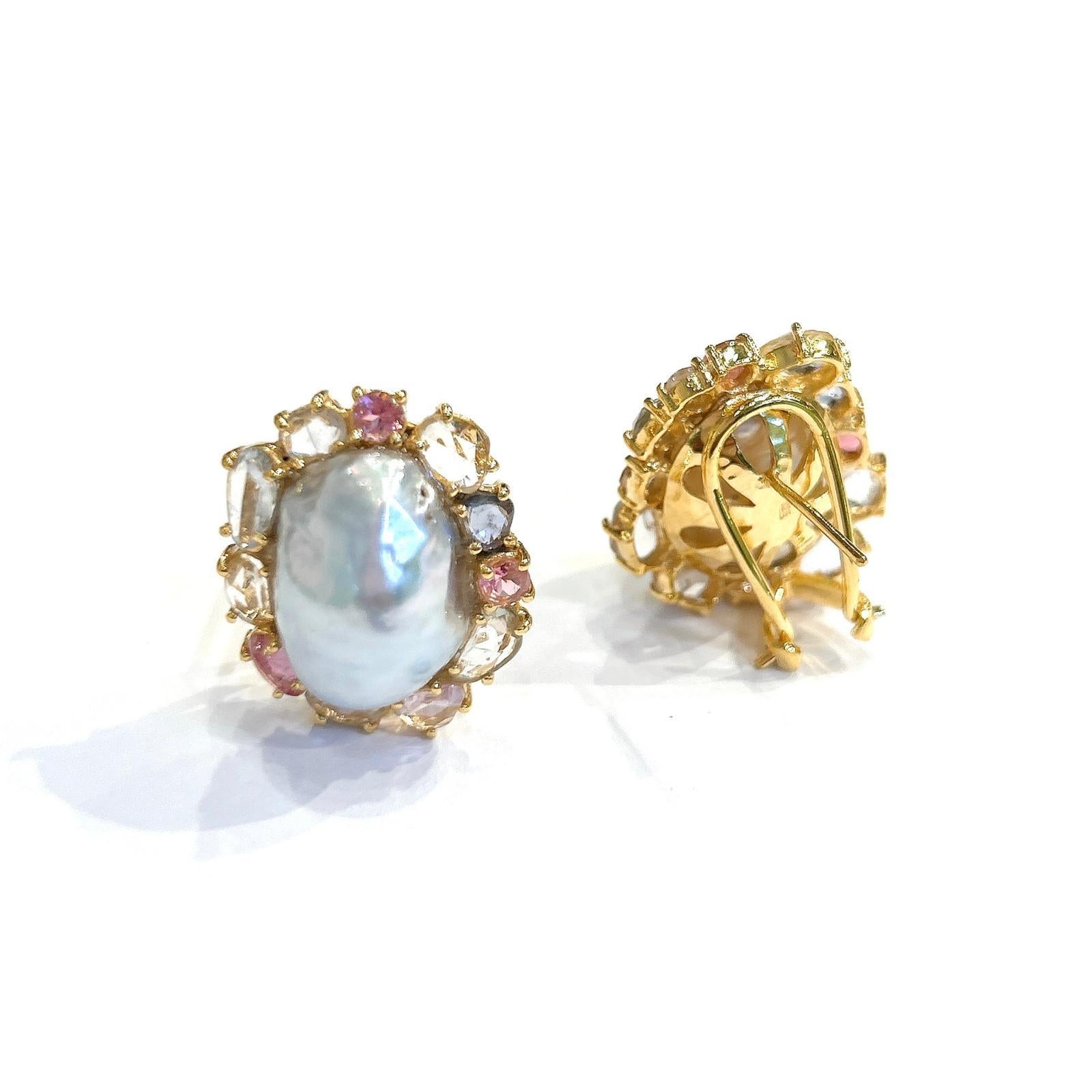 Baroque Bochic “Capri” Rose Cut Multi Color Sapphire & Pearl Earrings 18K Gold & Silver For Sale