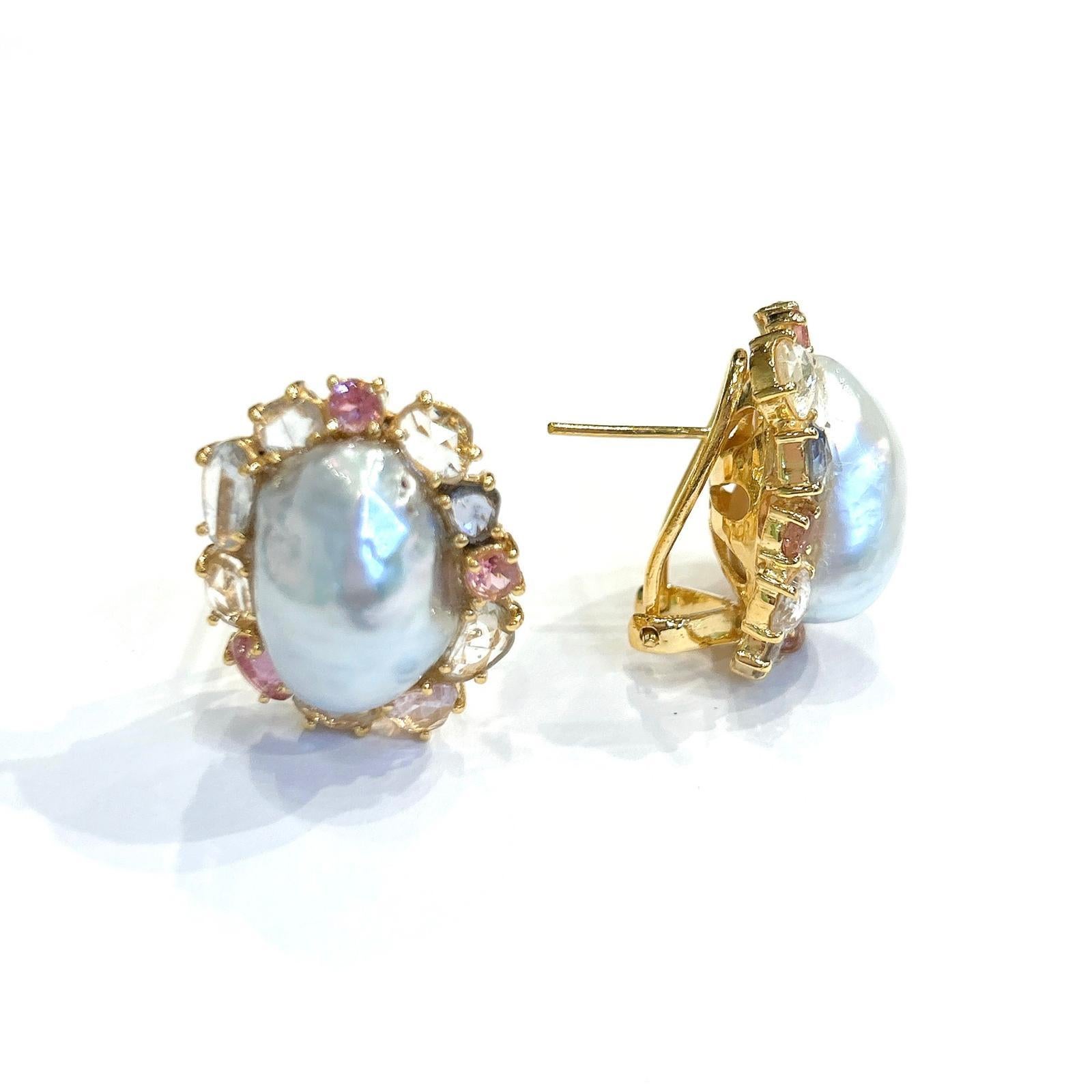 Bochic “Capri” Rose Cut Multi Color Sapphire & Pearl Earrings 18K Gold & Silver In New Condition For Sale In New York, NY