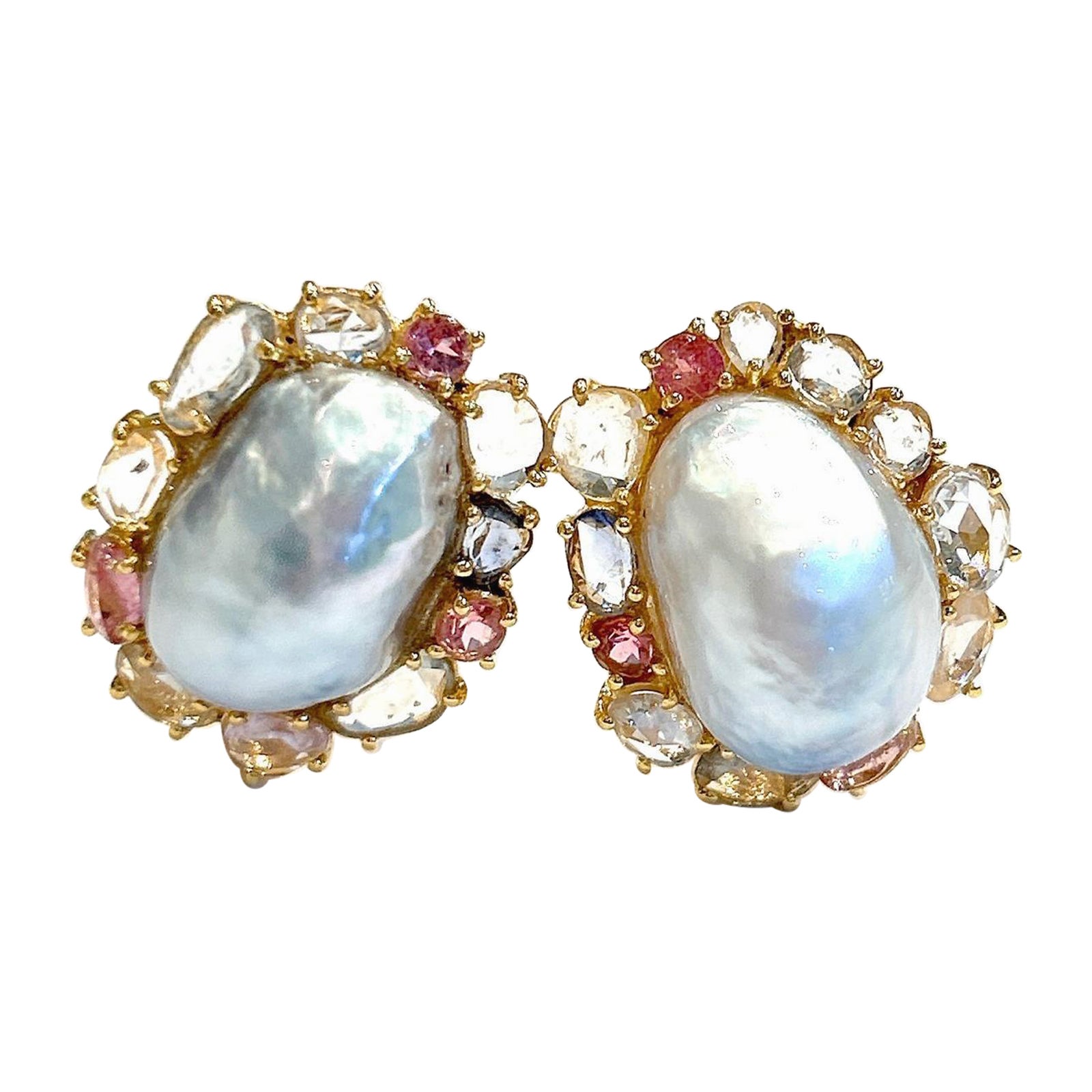 Bochic Capri Boucles d'oreilles en or et argent 18 carats avec saphirs multicolores et perles