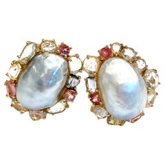 Bochic “Capri” Rose Cut Multi Color Sapphire & Pearl Earrings 18K Gold & Silver