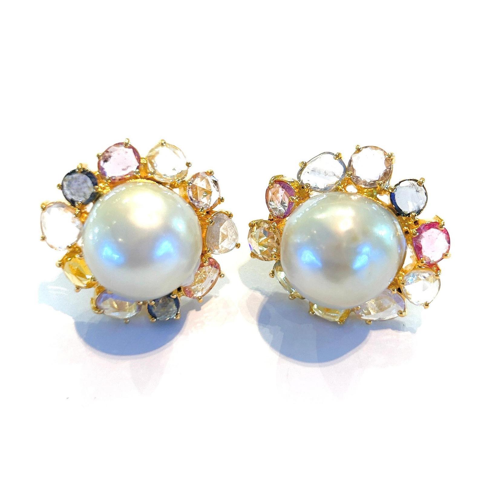 Bochic “Capri” Rose Cut Sapphires & Pearl Earrings Set In 18K Gold & Silver 
Multi Pastel Color Rose Cut Natural Sapphires from Sri Lanka 
14 carats 
White pearls with pink tone 
The earrings from the 
