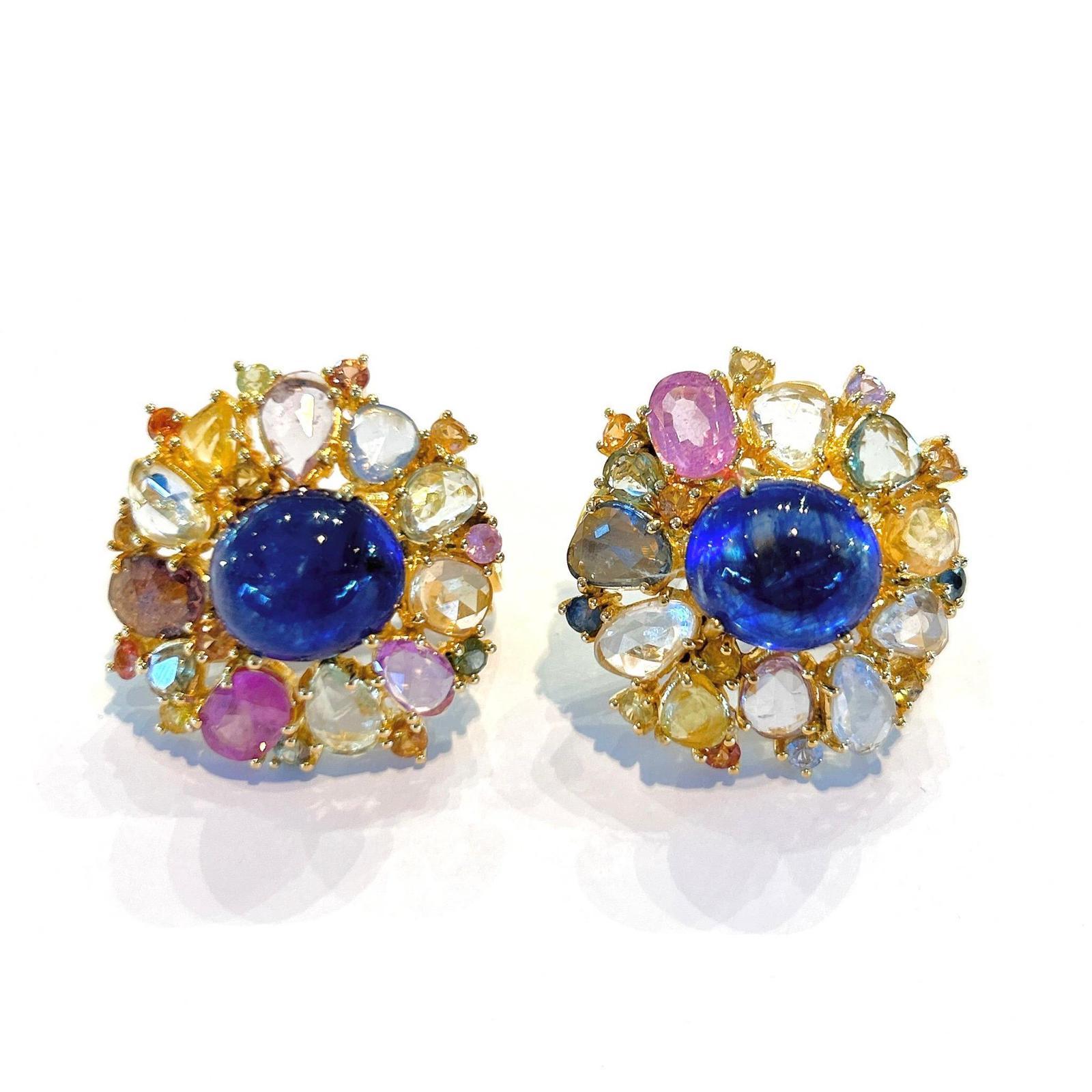 Bochic “Capri” Rose Cut Sapphires & Pearl Earrings Set In 18K Gold & Silver 
Natural Royal Blue Sapphires set in the center, cabochon shape, from Sri Lanka - 21 Carats 
Natural Multi Color Rose Cut Sapphires and Rubis from Sri Lanka 
15 Carats 

The