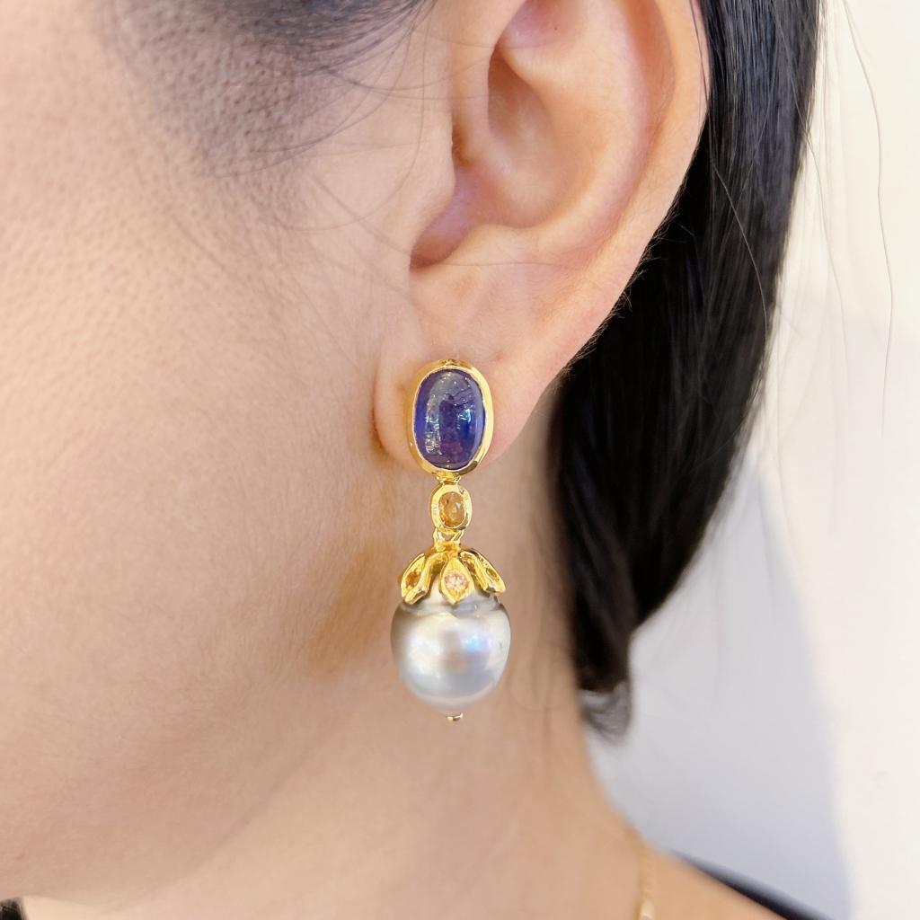 Bochic “Capri” Rose Cut Sapphires & Pearl Earrings Set In 18K Gold & Silver 
Beautiful Royal Blue Cabochon Sapphires from Sri Lanka set on Tops
11 Carats 
Yellow Color Round Brilliant Sapphires from Sri Lanka 
2 Carats 
Baroque South Sea Gray Pearls