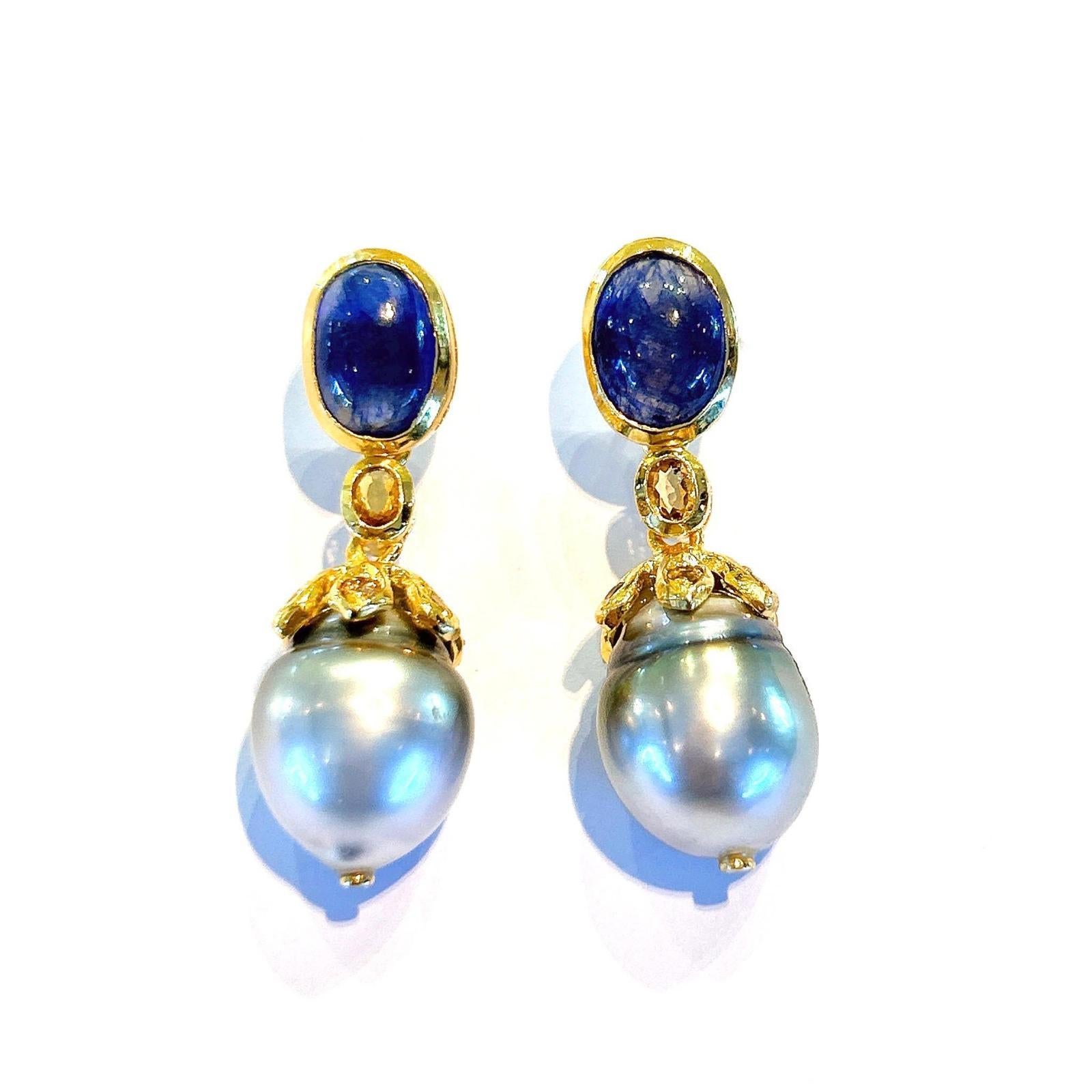 Cabochon Bochic “Capri” Rose Cut Sapphires & Pearl Earrings Set In 18K Gold & Silver For Sale