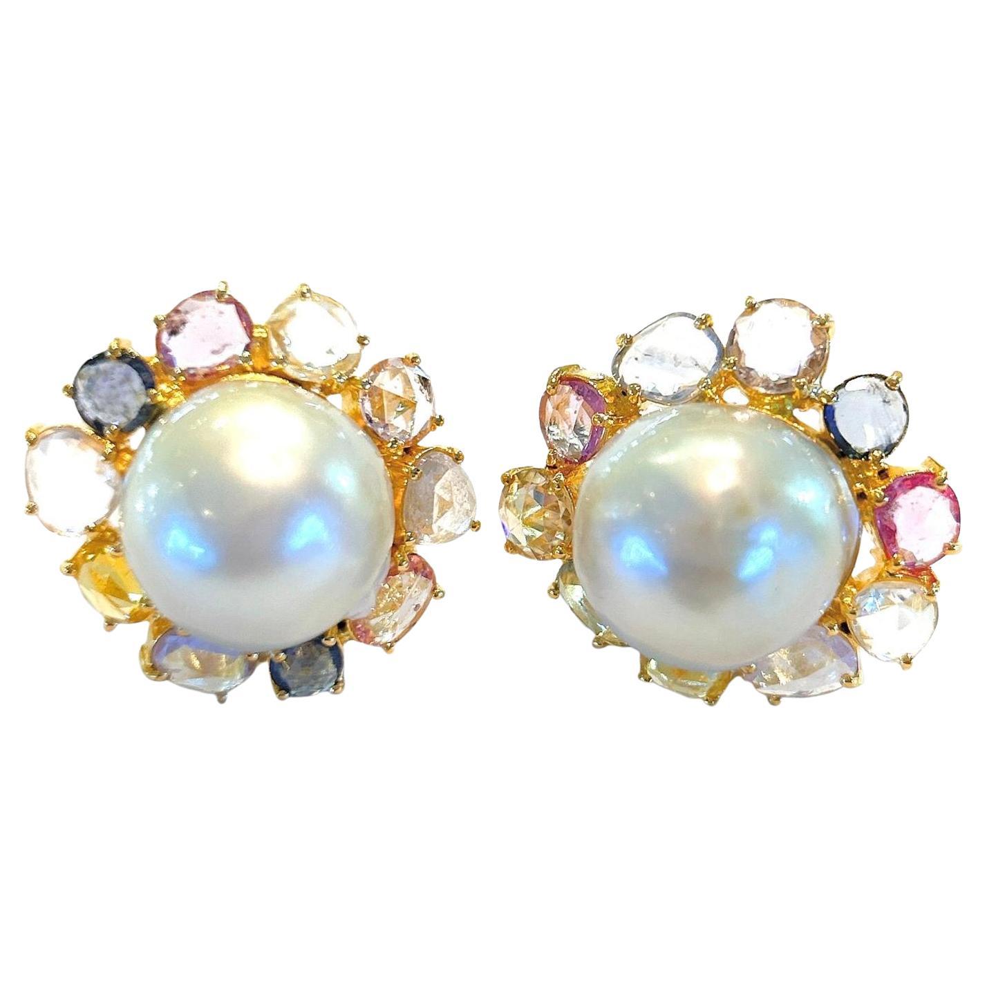 Bochic “Capri” Rose Cut Sapphires & Pearl Earrings Set In 18K Gold & Silver  For Sale