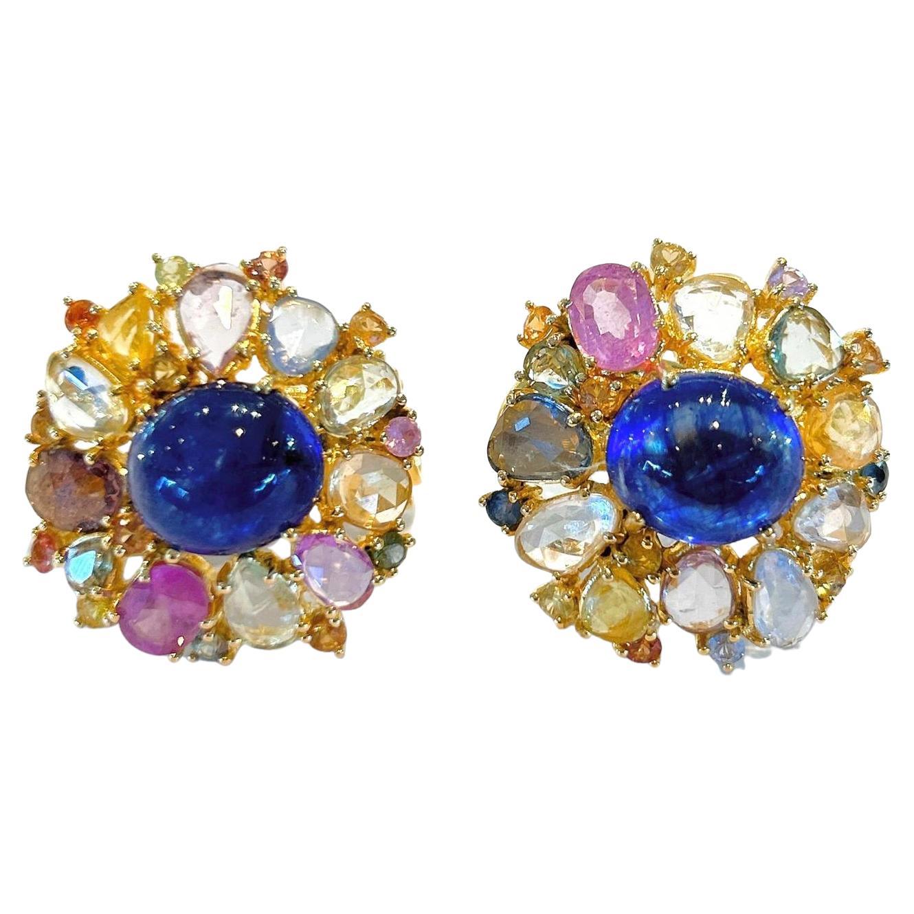 Bochic “Capri” Rose Cut Sapphires & Pearl Earrings Set In 18K Gold & Silver  For Sale