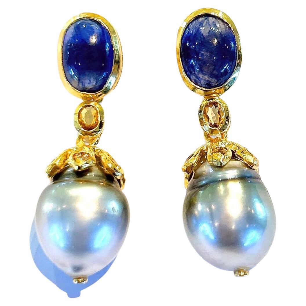 Bochic “Capri” Rose Cut Sapphires & Pearl Earrings Set In 18K Gold & Silver 