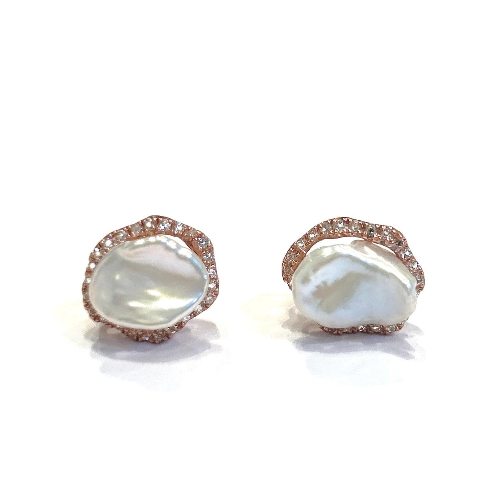 Bochic “Capri” Rose Cut White Topaz & Pearl Earrings Set In 18K Gold & Silver For Sale 4