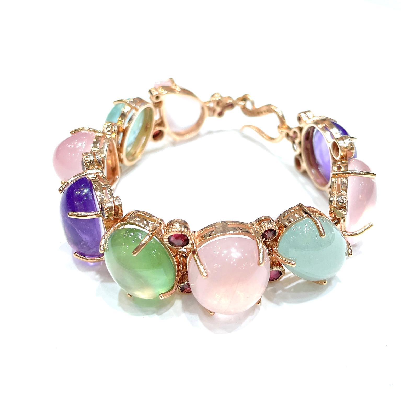 Bochic “Capri” Rose Quartz, Amethyst & Aquamarine Bracelet Set 18K & Silver 

Aquamarine 
Rose Quartz 
Penite 
Rhodalite  
Purple Amethyst 
45 Carats 

The Bochic 