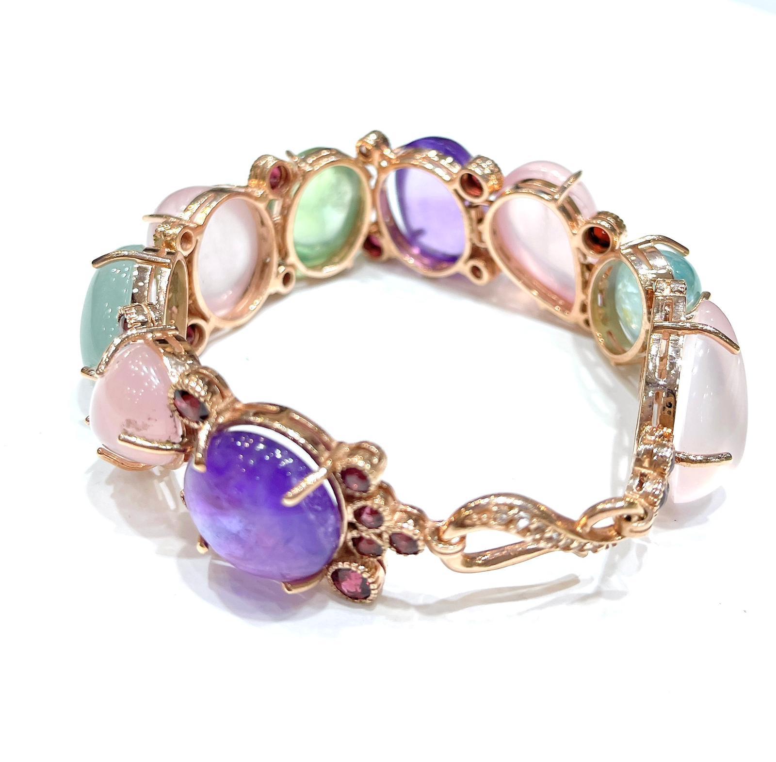 Art Deco Bochic “Capri” Rose Quartz, Amethyst & Aquamarine Bracelet Set 18K & Silver For Sale