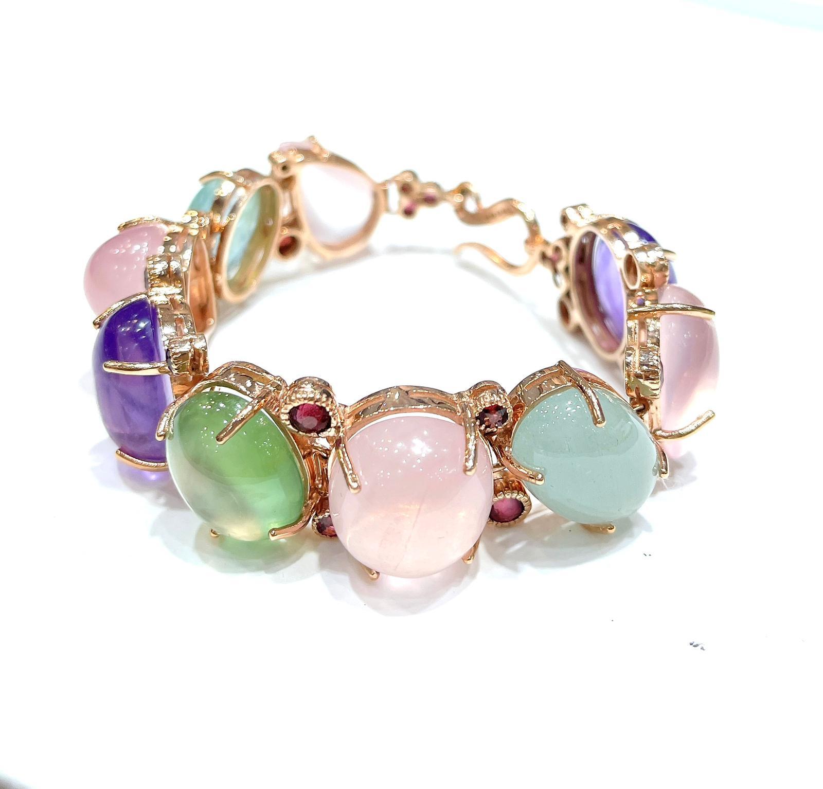 Cabochon Bochic “Capri” Rose Quartz, Amethyst & Aquamarine Bracelet Set 18K & Silver For Sale