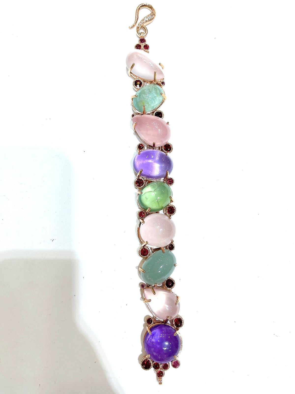 Bochic “Capri” Rose Quartz, Amethyst & Aquamarine Bracelet Set 18K & Silver In New Condition For Sale In New York, NY