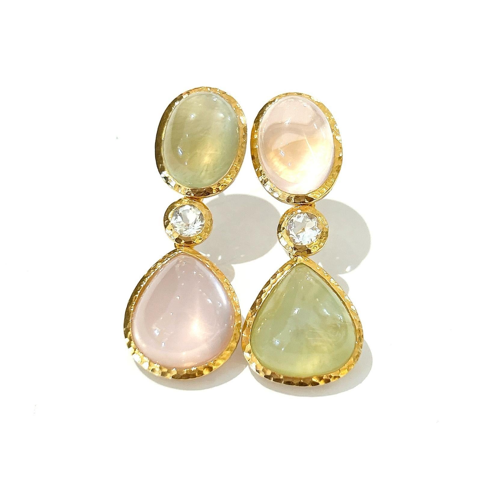 Art Nouveau Bochic “Capri” Rose Quartz & Multi Gem Italian Earrings Set 18K Gold&Silver  For Sale