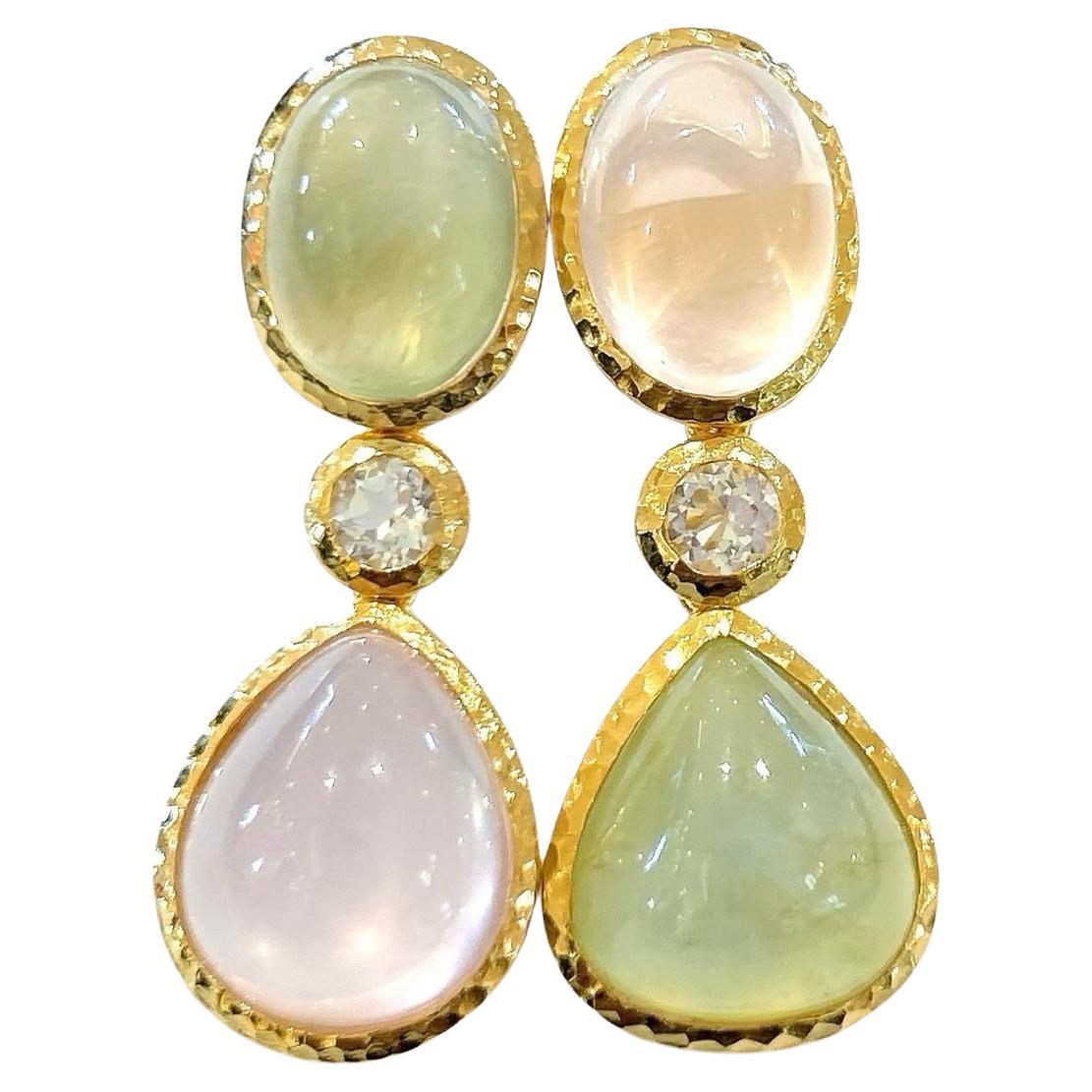 Bochic “Capri” Rose Quartz & Multi Gem Italian Earrings Set 18K Gold&Silver 