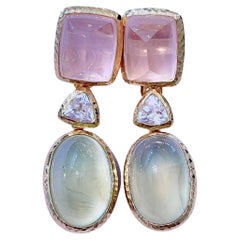 Bochic “Capri” Rose Quartz, Prehnite & Topaz Earrings Set in 22k Gold & Silver