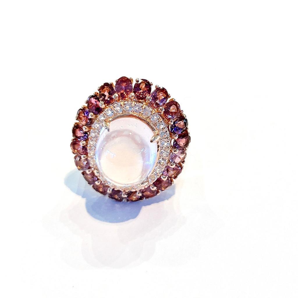 Women's Bochic “Capri” Rose Quartz, Tourmaline Cocktail Ring Set In 18 K Gold & Silver  For Sale