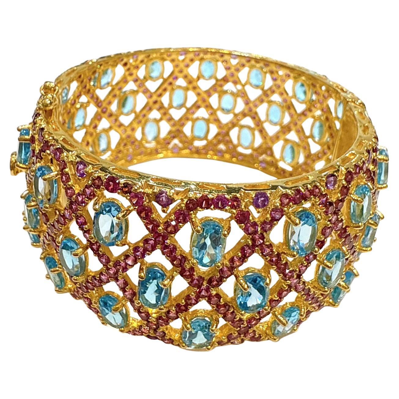 Bochic "Capri" Rosa Rodorite e Gemma Multicolore  Set di braccialetti in oro e argento 18 carati in vendita