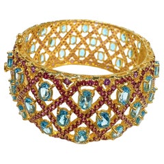 Bochic “Capri” Rose Rodorite & Multi Color Gem  Bangle Set In 18K Gold & Silver