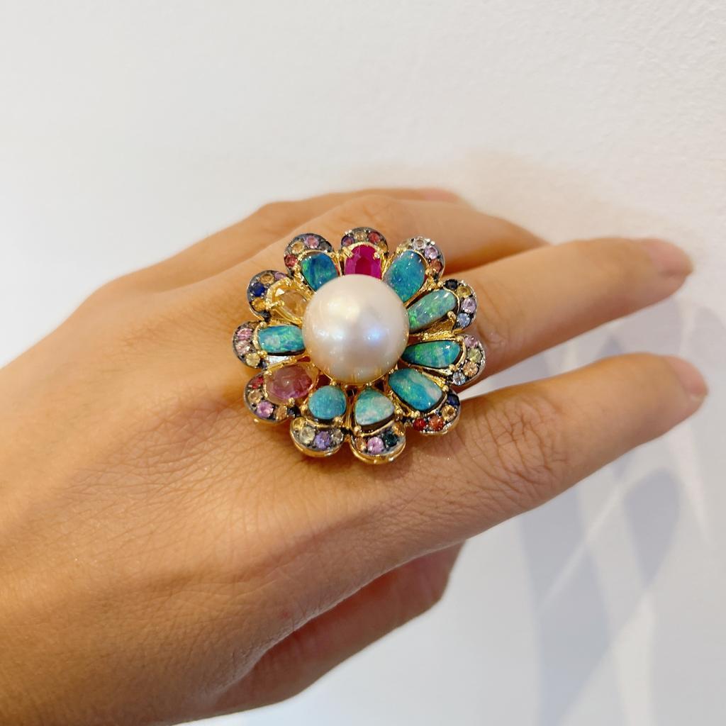 Baroque Bochic “Capri” Rose Sapphires, Opal, Ruby & Pearl Ring Set In 18K Gold & Silver  For Sale