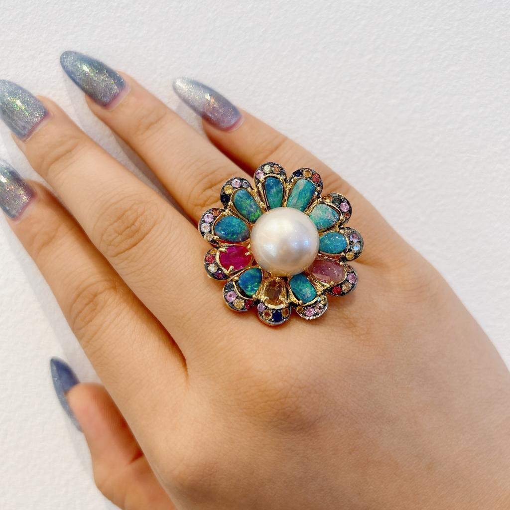 Rose Cut Bochic “Capri” Rose Sapphires, Opal, Ruby & Pearl Ring Set In 18K Gold & Silver  For Sale