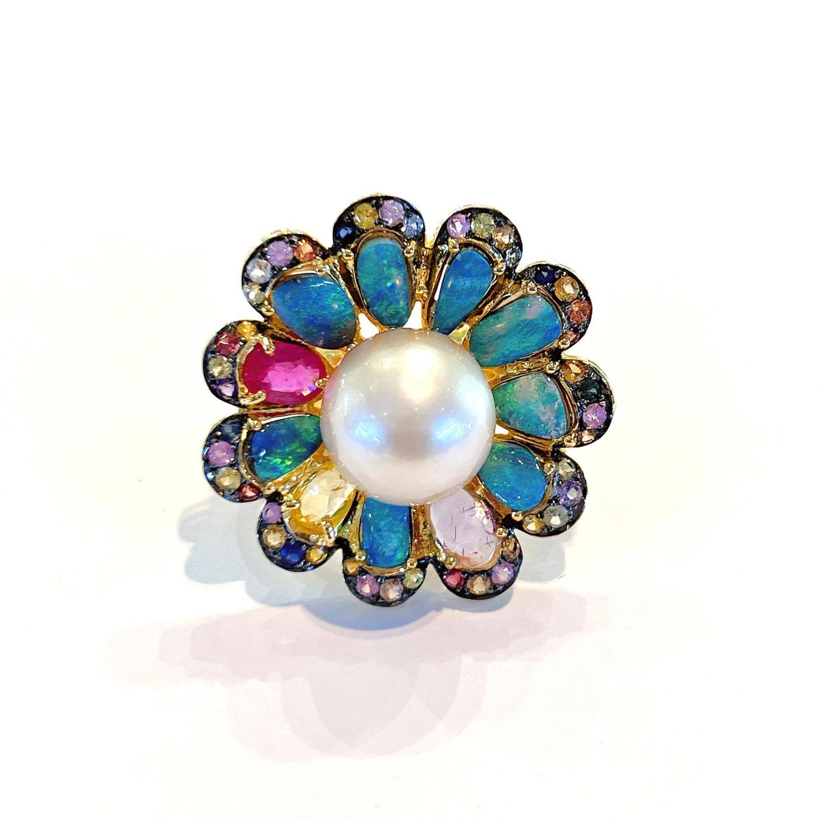 Women's Bochic “Capri” Rose Sapphires, Opal, Ruby & Pearl Ring Set In 18K Gold & Silver  For Sale