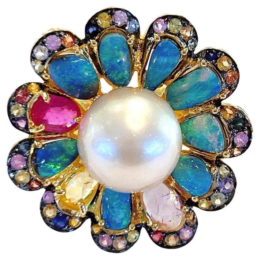 Bochic “Capri” Rose Sapphires, Opal, Ruby & Pearl Ring Set In 18K Gold & Silver  For Sale
