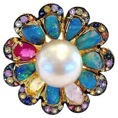 Bochic Capri Ring aus 18 Karat Gold und Silber mit Rosen-Saphiren, Opal, Rubin und Perle 