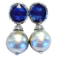 Bochic “Capri” Royal Blue Sapphires 
Pearl Earrings Set In 18K Gold 
Silver