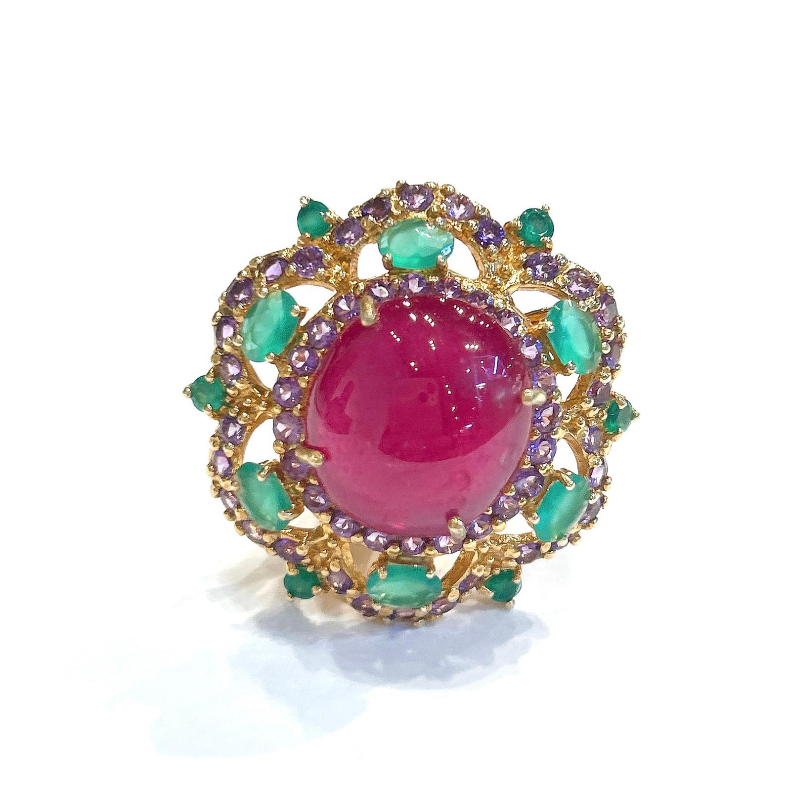 Bochic “Capri” Ruby, Amethyst & Emerald Cocktail Ring Set In 18K Gold & Silver For Sale 4