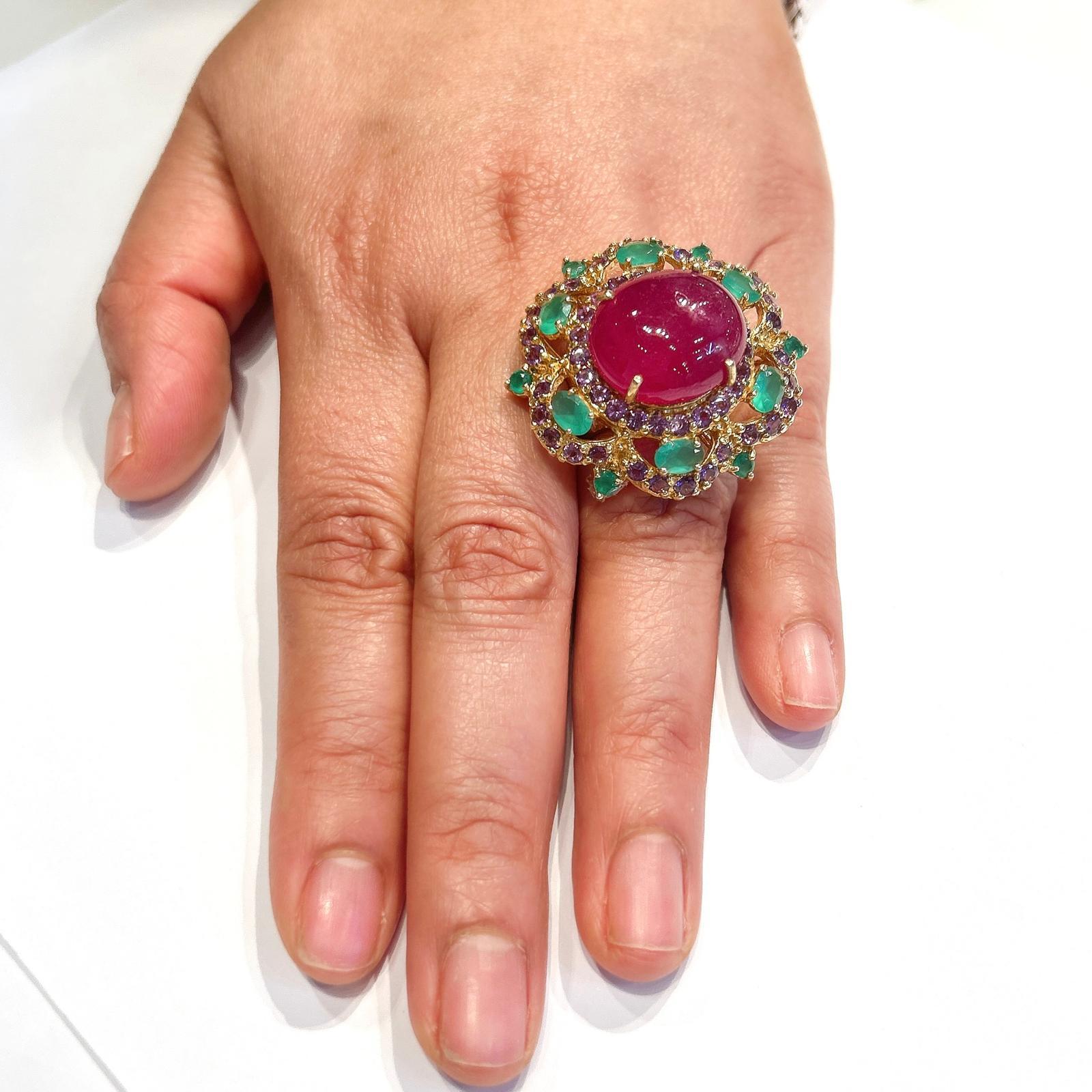 Bochic “Capri” Ruby, Amethyst & Emerald Cocktail Ring Set In 18K Gold & Silver For Sale 5