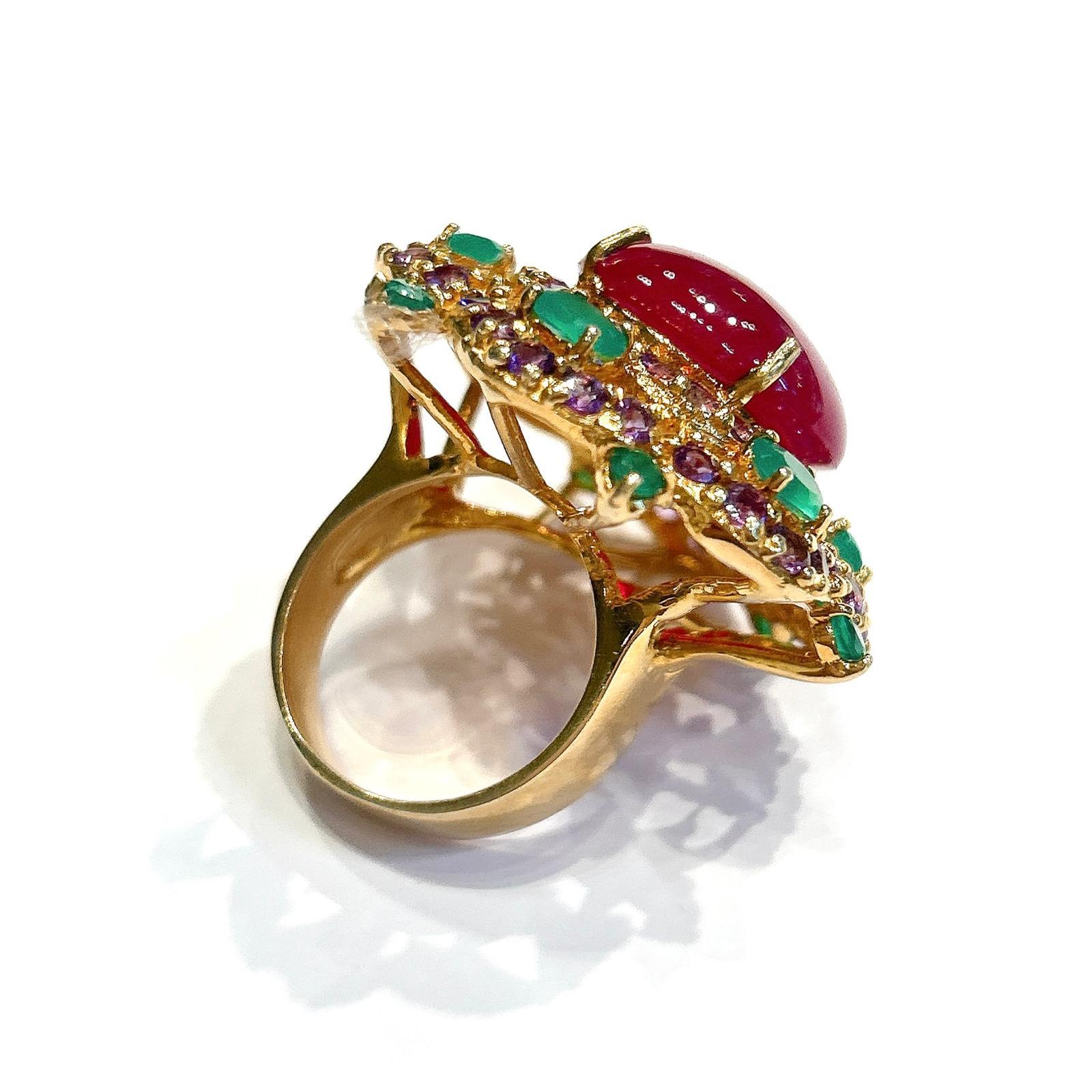 Cabochon Bochic “Capri” Ruby, Amethyst & Emerald Cocktail Ring Set In 18K Gold & Silver For Sale